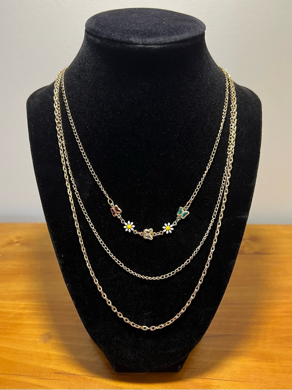 18K Gold-Filled Triple-Layer Butterfly & Daisy Necklace - Golden Harvest Collect